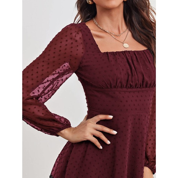 sheer long sleeve Ruched Bust Lantern Sleeve Swiss Dot mini Dress black - Picture 4 of 11